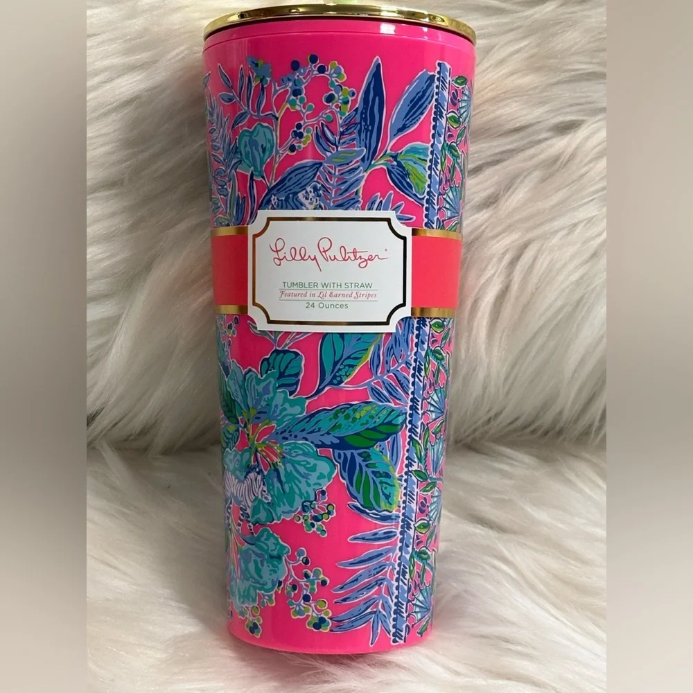 Lily Pulitzer Pink Floral Tumbler with Straw 24 Oz NWT